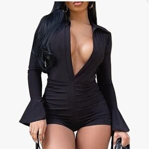 Black Deep V-Neck Long Sleeve Romper